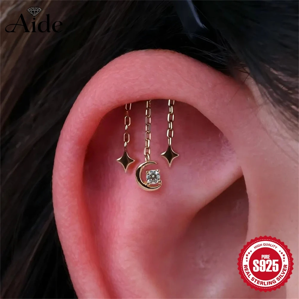 AIDE 925 Sterling Silver Shiny Star Moon Pendant Tassel for Women  Flat Back Piercing Earring Dainty Dropped Earring