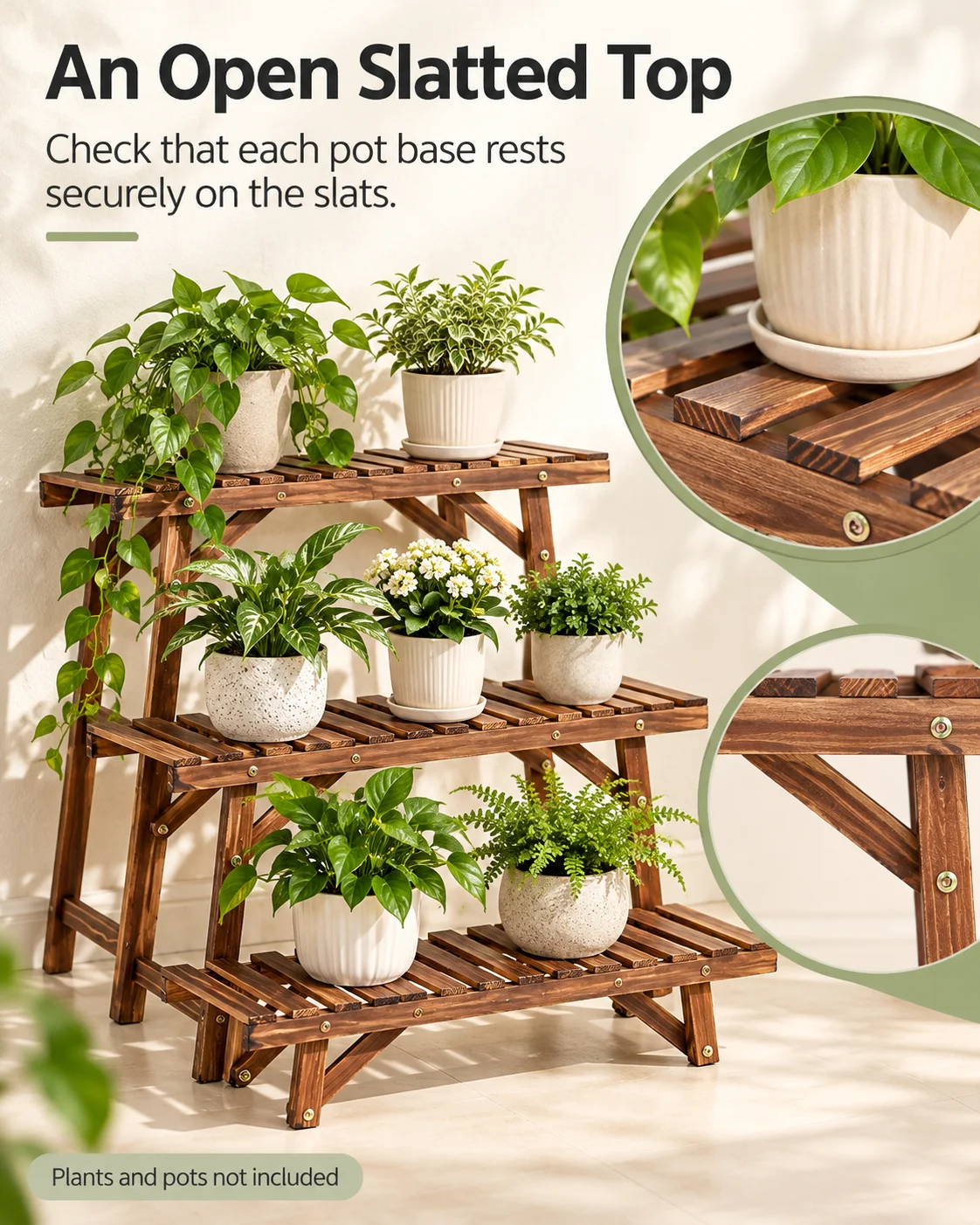 3 Pack Wooden Plant Stands Pine Wood Plant Shelf Set 70cm Wide Freestanding Flower Pot Display for Living Room Balcony