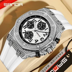 SANDA New Fashion Men's Quartz Watch Leisure Waterproof Luminous Date Display Silicone Strap Luxury Diamond Male Wrist Watches