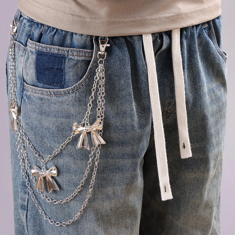 Multi‑Layer Bow Charm Pants Chain Silver Metal Waist Chain Sweet Gothic Style Jeans Key Ring Harajuku Streetwear Accessory view 2