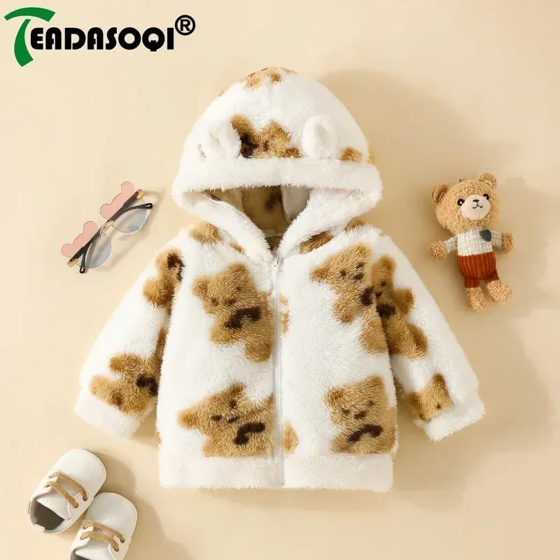 3M-2Y Autumn Winter Baby Boys Girls Coat Plus Velvet Thick Cartoon Kids Jacket Bear Zipper Hooded Warm Toddler Children Clothes