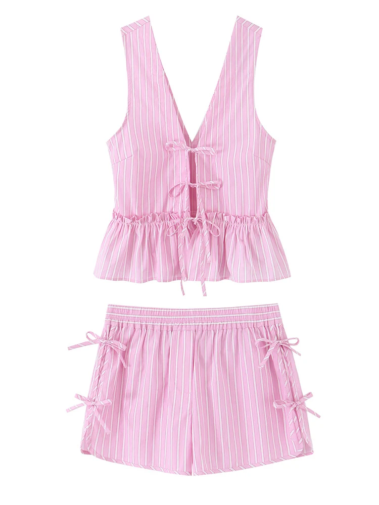 

SIYANG Women Fashion 2 Piece Set Striped Bow Lace Up V-Neck Vest & Vintage High Elastic Waist Shorts Female Chic Shorts Set