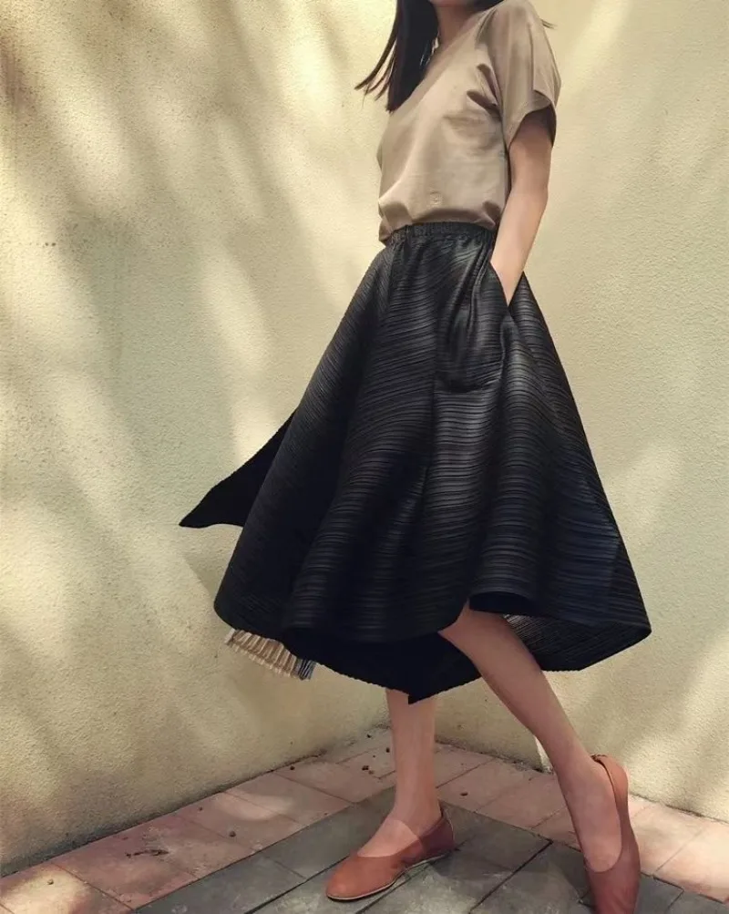 2026 New Summer Miyake Style Pleated Culottes Irregular Skirts Women Elastic High Waisted Korean Loose Wide-leg Pants