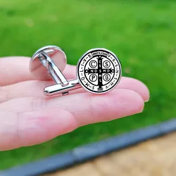 Saint Benedict Cufflinks for Mens Cross Glass Photo Exquisite Cuff Buttons