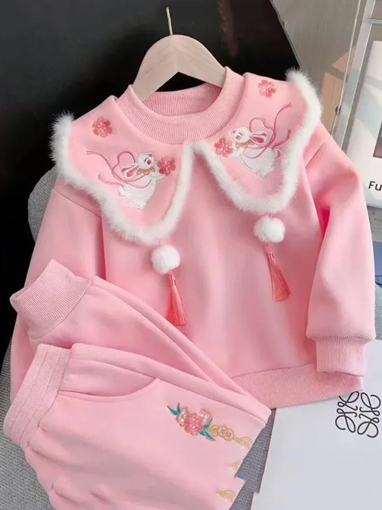 Warm Embroidery Sweatshirt Girls Outfit Doll Collar Pullover Tops Kids 2 Piece Sets Thick Cute Jogger Pants Children Ensembles