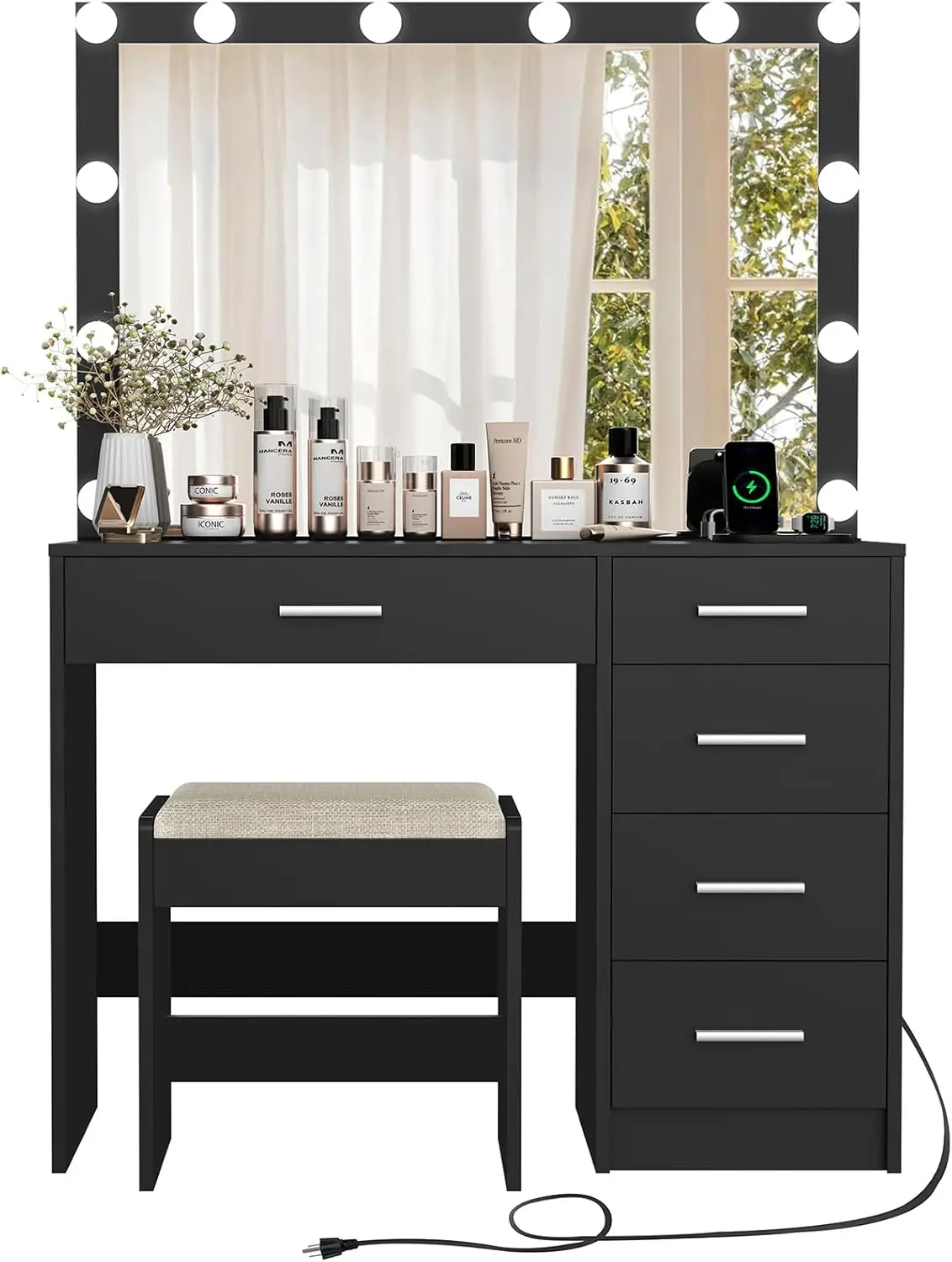 usikey Makeup Vanity with 12 Lights, Vanity Desk with Power Outlet, Makeup Vanity Table with 5 Drawers, Large Mirror