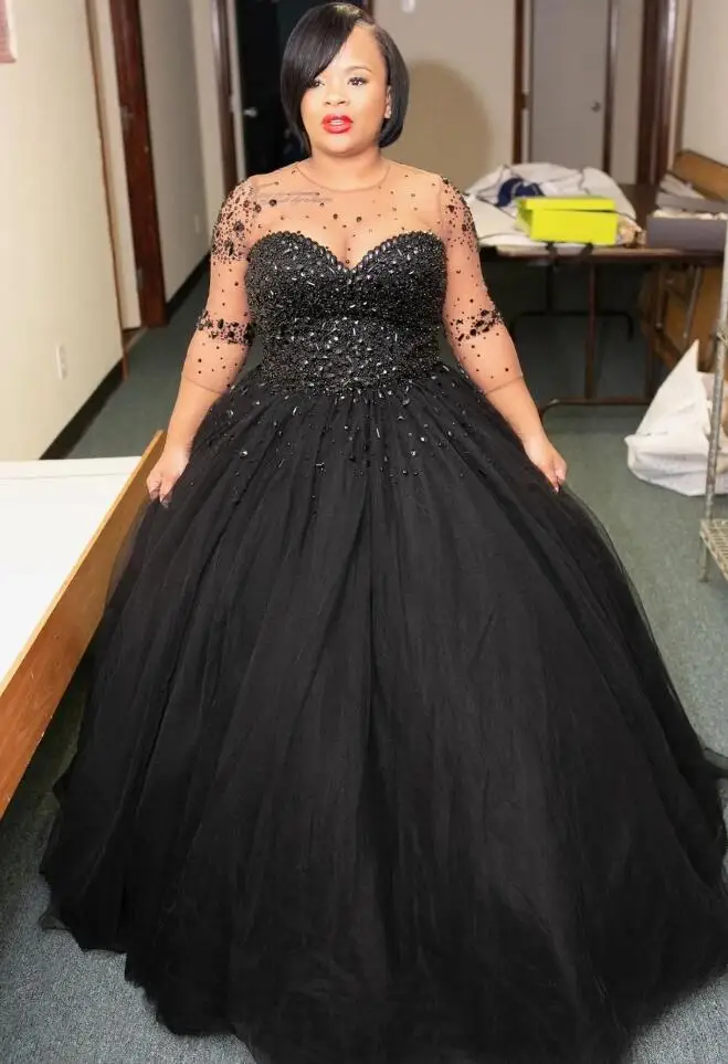 Vestidos de casamento gótico preto com espartilho, vestido de baile, mangas compridas, gola redonda, cristal de luxo frisado, vestidos nupciais