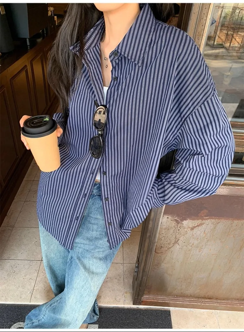 Vintage damesblouses Gestreepte shirts Mode Losse zomer Koreaanse kleding Chiffon damestops met lange mouwen