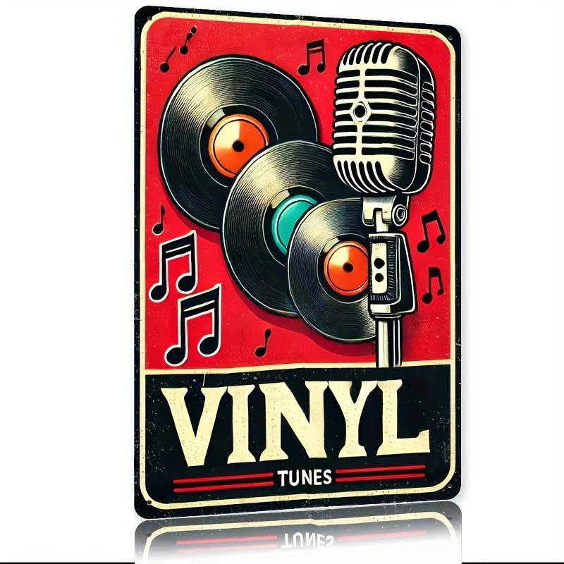 Vintage-Vinyl-Metallschild – Retro-Mikrofon- und Schallplatten-Design, rustikale Wanddekoration aus Eisen für Zuhause, Bar, Café, Garage, Bauernhof