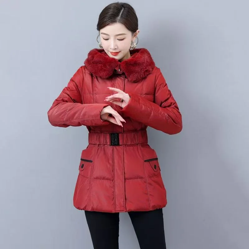 Removable Rex Rabbit Fur Collar 2024 Middle-aged And Elderly Mothers Down Coat Women Western Plus Size Winter Cotton-padded Coat