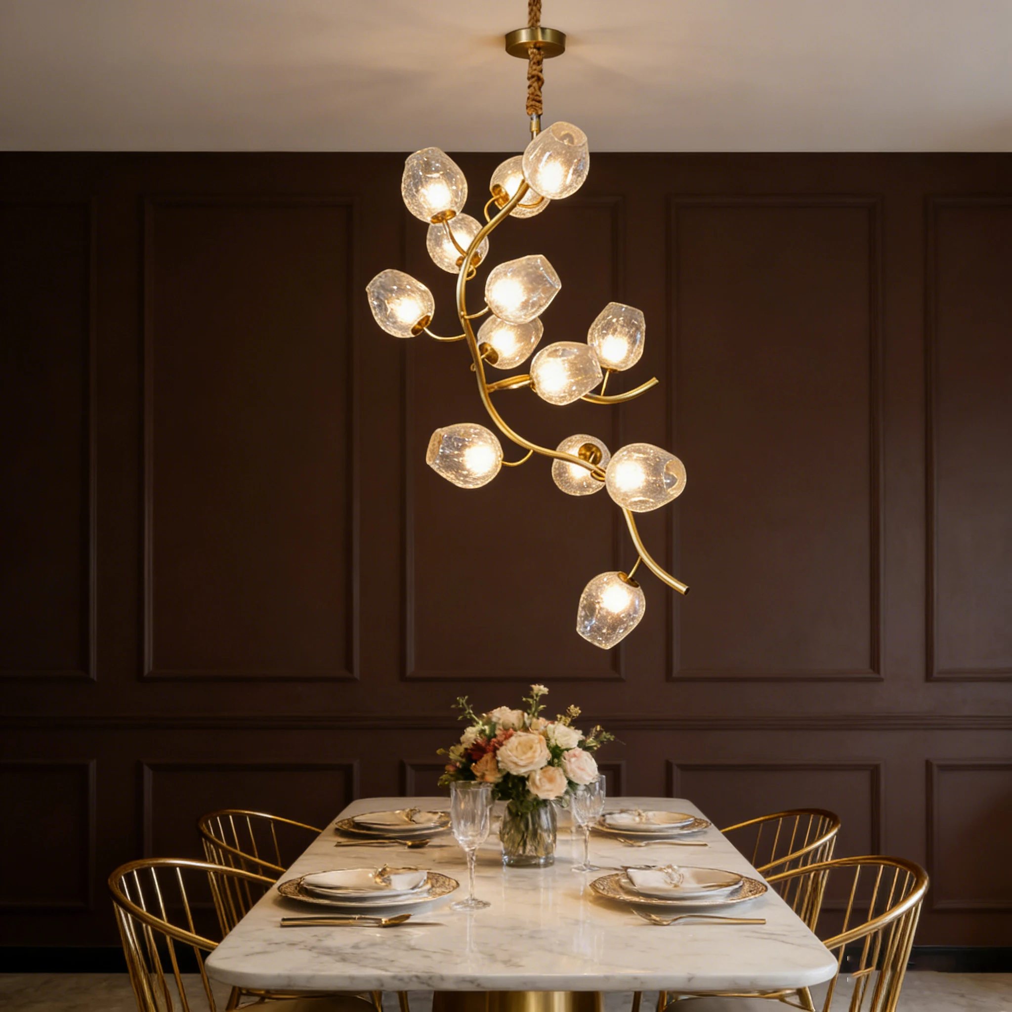 ريفين الذهب إنهاء الزجاج النحاس قابل للتعديل عكس الضوء بريق الفاخرة الشمال طبقة مزدوجة الثريا مصمم 3 تغيير لون للفيلا