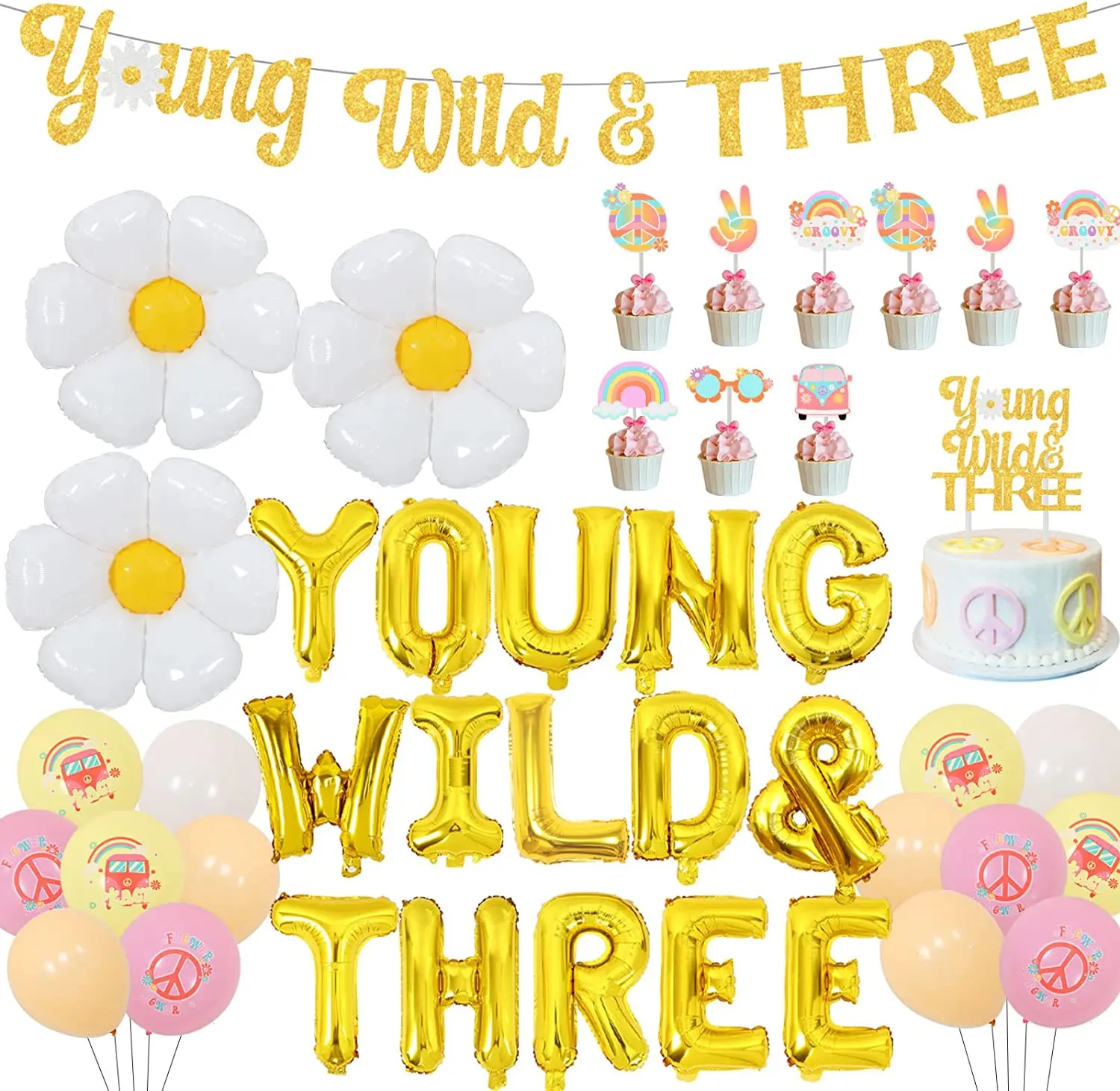 

Funmemoir Groovy 3rd Birthday Decorations for Girls Young Wild and Three Banner Cake Toppers Daisy Balloons Retro Hippie Theme