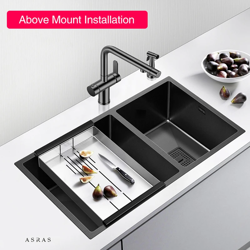 ASRAS Nanometer Black Large Size Double kitchen Sink SUS 304 Stainless Steel Handmade 4MM Thickness Undermount Kitchen Sinks