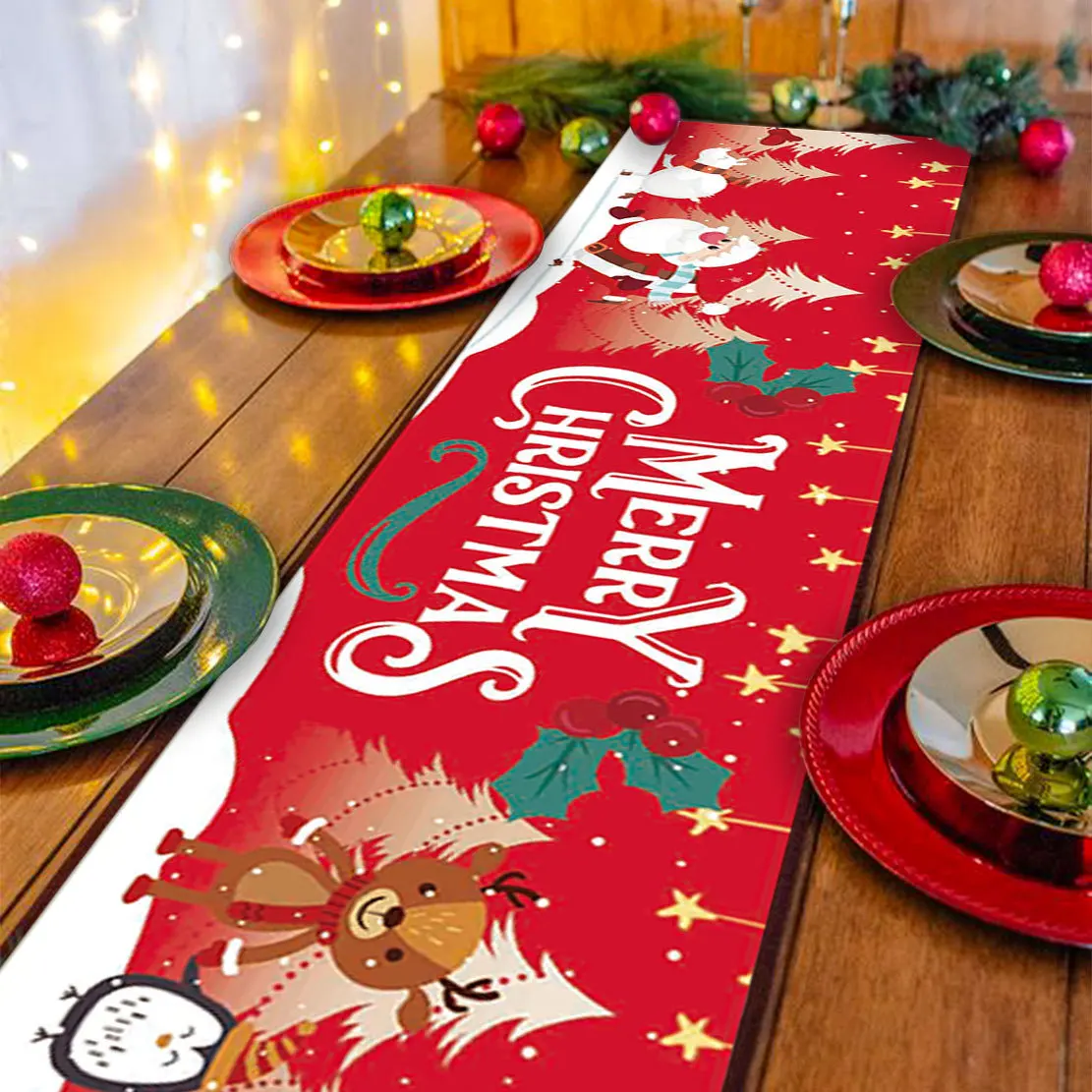 Christmas Table Runner Decoration, Imitation Linen Christmas Table Flag for Home Kitchen Holiday Decor