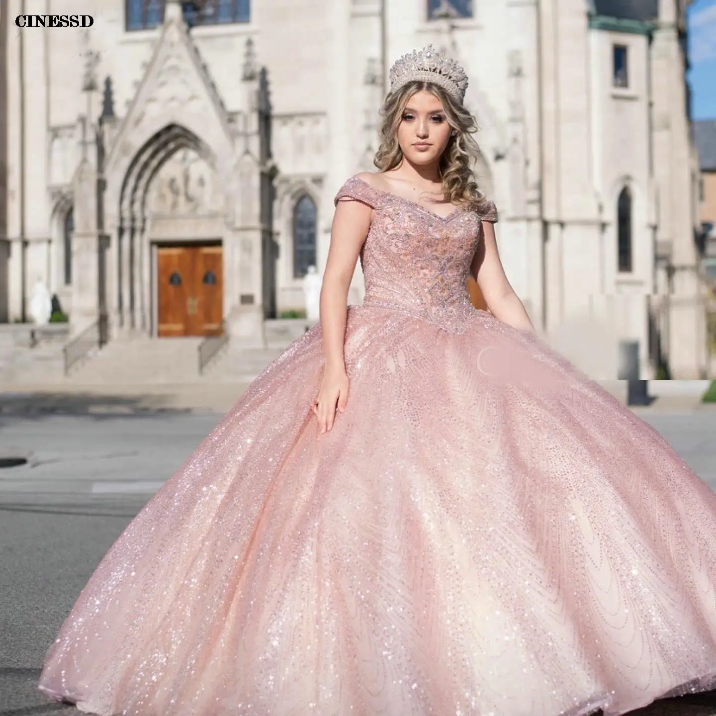 Roze Kralen Kristal Plus Size Baljurk Quinceanera Jurken Sprankelende Tule Off The Shoulder Sweet 16 Dress Prom Party Dress