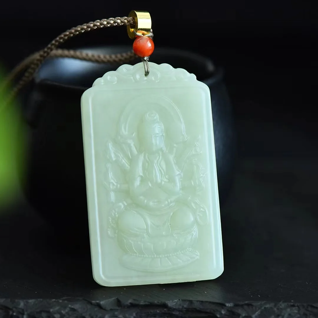 Exquisite Hetian Jade 38*61 MM Eight Guardian Gods Thousand-Handed Guanyin Pendant Jewelry 3748#