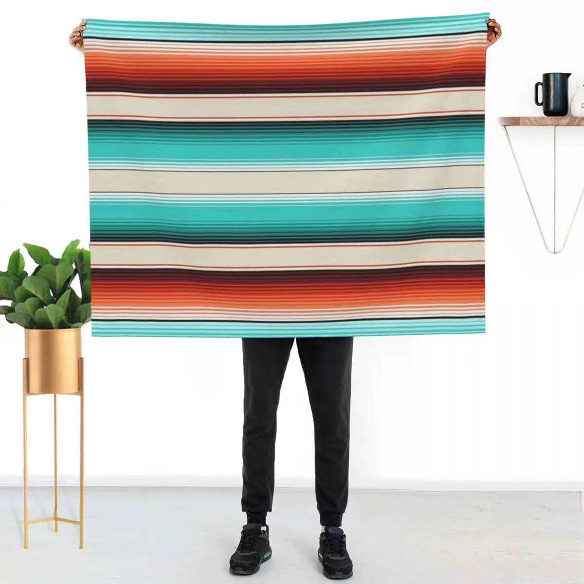 

Navajo White, Turquoise and Burnt Orange Southwest Serape Blanket Stripes Throw Blanket Lightweight Cozy Blanket for Bed Sofa