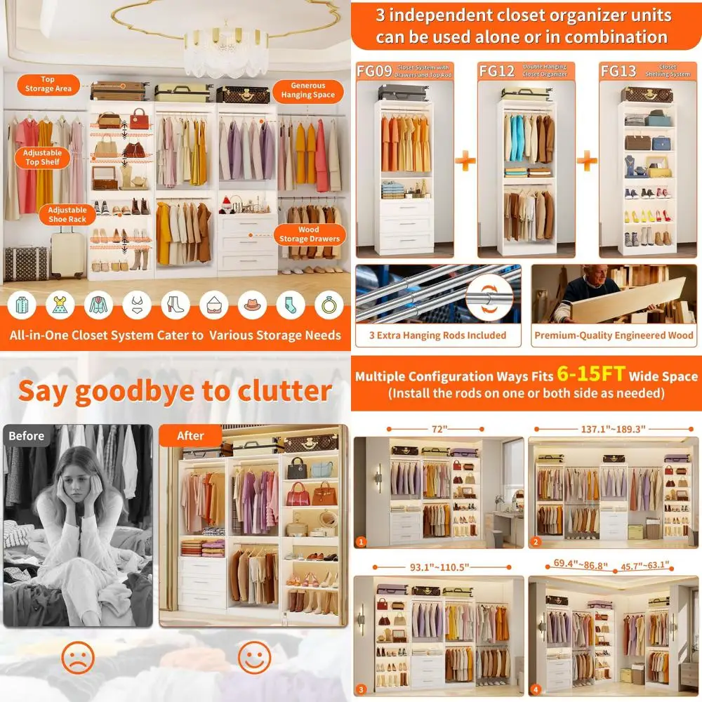 Closet System o 3 Sets, 6-15T Closet Organizer System Wood with 3 Ders & 7 Shelves, Walk in Closet Organizer Shelving System wit