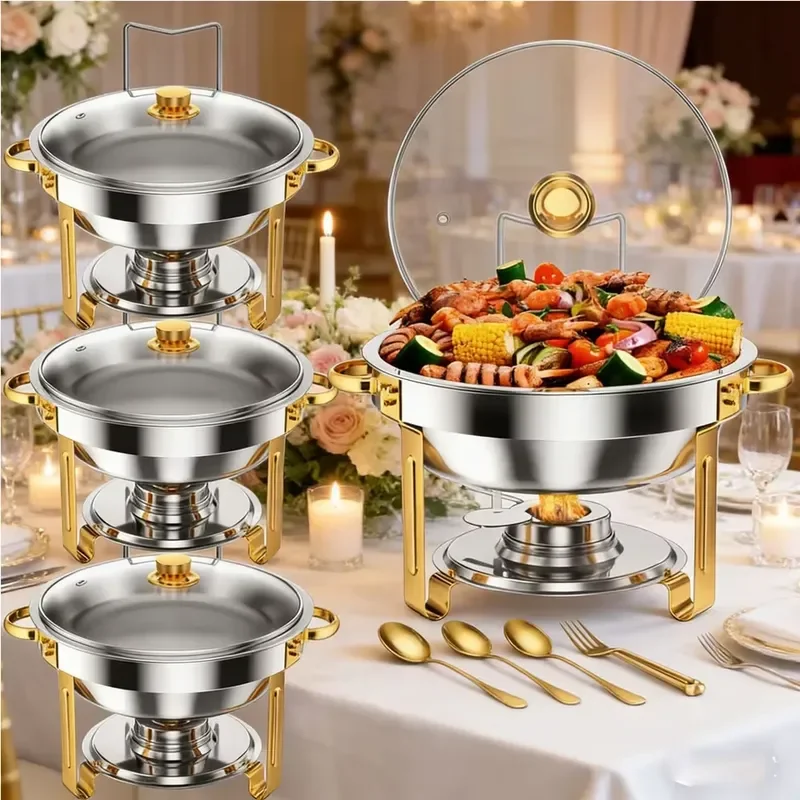 2/4 Pack 5L Chafing Dish Buffet Set with Glass Lids Stainless Steel Gold Rim Chafers for Catering