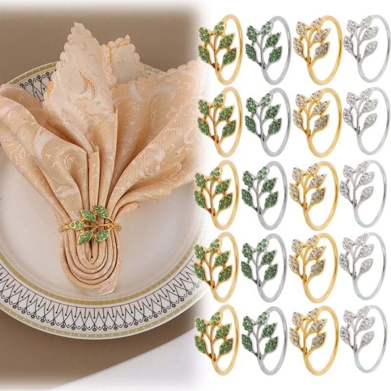 6-48PCS Rhinestone Crystal Leaf Napkin Rings Green Bling High End Metal Napkin Holders for Hotel Banquet Table Decor Supplies