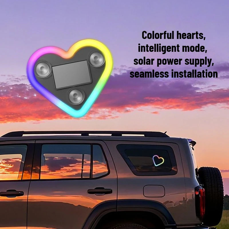 1PCS Car Solar Powered Neon Love Light, Wireless LED Triangle Window Ambient Decor, Color-Changing Mood Lamp