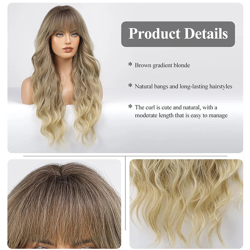 Long Wavy Ombre Brown Wig for Women Natural Synthetic Blonde Wigs with Bangs Body Wave Wigs Cosplay Hair Heat Resistant