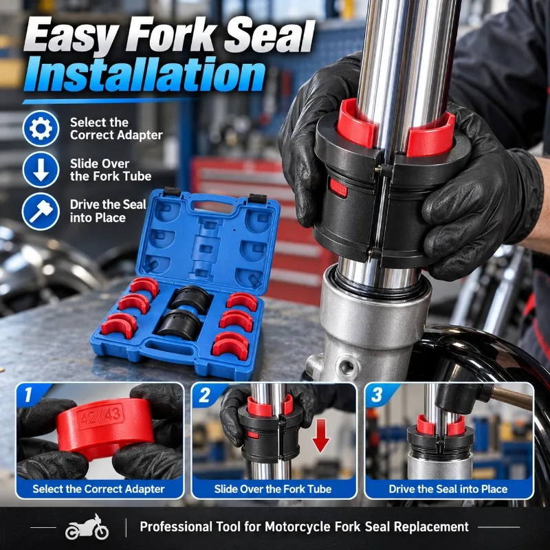 14Pcs Motorcycle Fork Seal Driver Tool Kit 35-50mm Universal Oil Seal Installer Set with 6 Adapters for Front Fork Repair