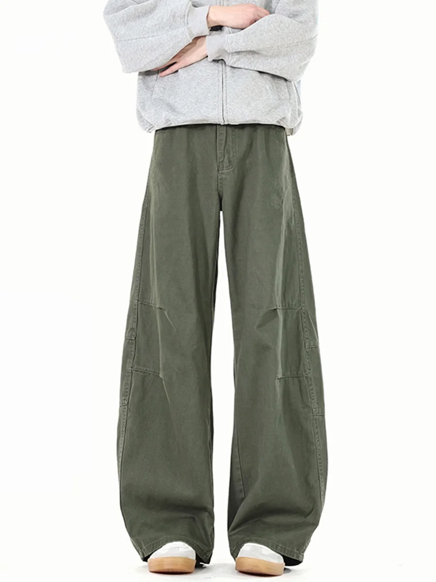 

American Sle Pleated Bent Knife Work Pants Men's Pure Cotton Vintage Straight Leg Wide Leg Long Pants Autumn Casual Trousers