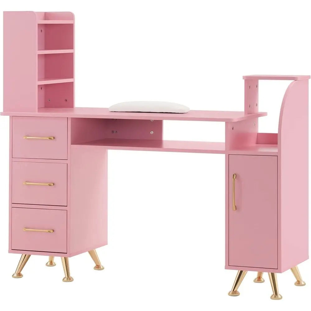 

Pink Beauty Workstation: Manicure Table with Makeup Draining Station, Nail Desk, Wrist Cushion, and Storage Equipment