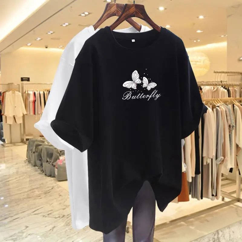 

Lady Loose Casual T-shirt M-6XL Butterfly Elegant Letter Printed Pullover Summer Pure Cotton O-neck Short Sleeve Basics Top Tees