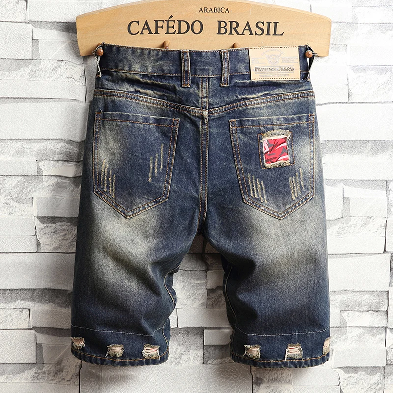 2024 New Summer Fashion Ripped hole Mens Jeans Short Street Vintage Straight Slim Denim Mid Waist  Brand Print Shortss