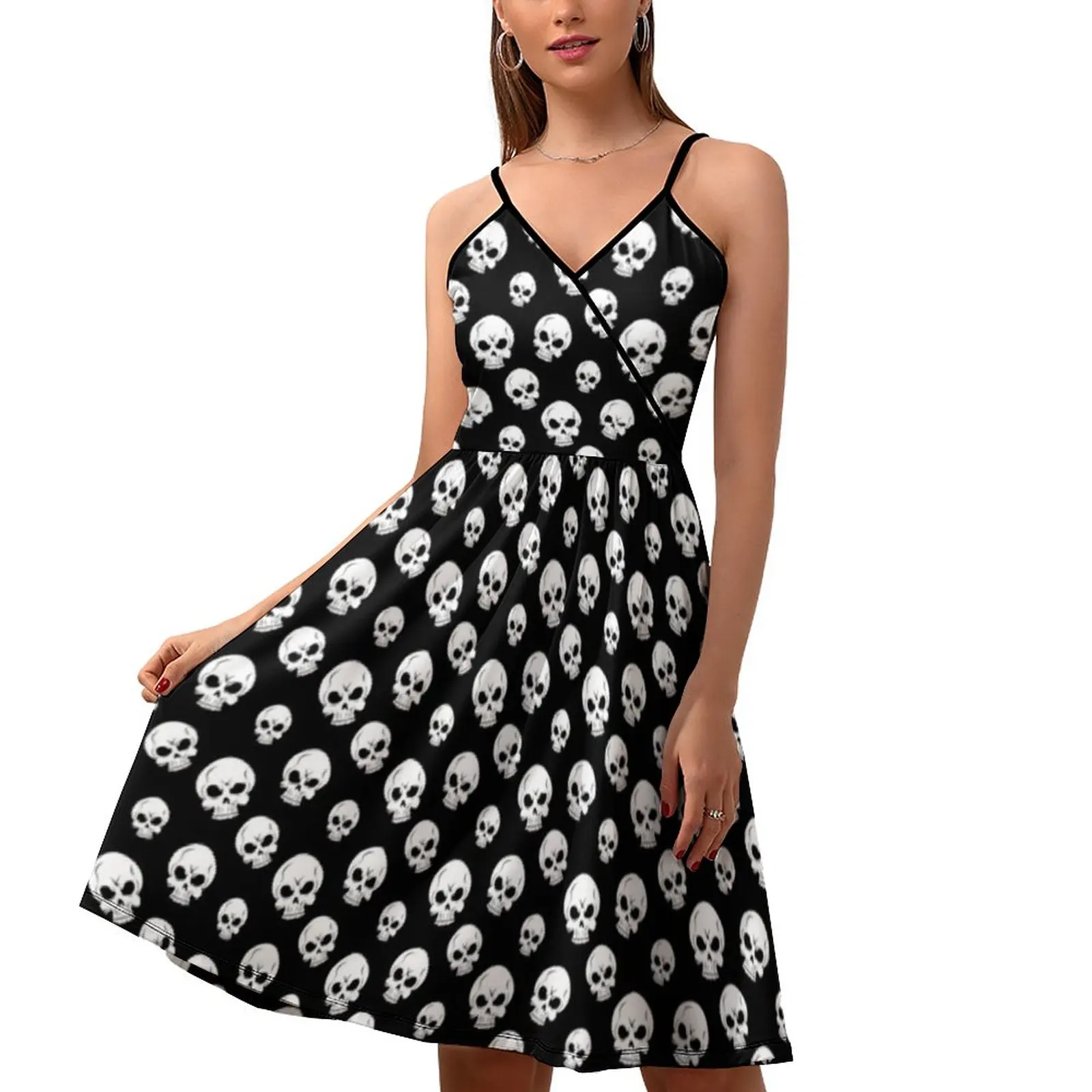 White Skull Print Casual Dress Summer Spaghetti Strap Sugar Skulls Pattern Streetwear Dresses Ladies Cute Print Vestido