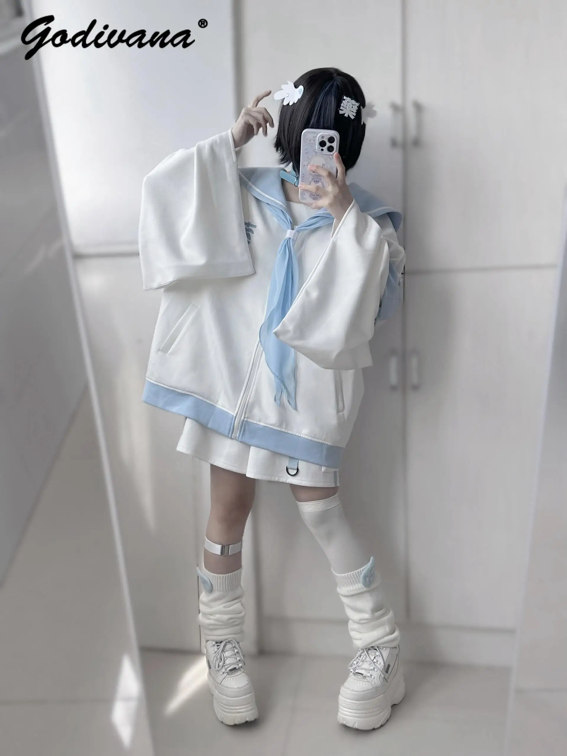 Original Medical Department Water Color Jacket New Autumn Y2K Girl Female Sailor Collar Loose Zipper Hoodie Coat Outwear