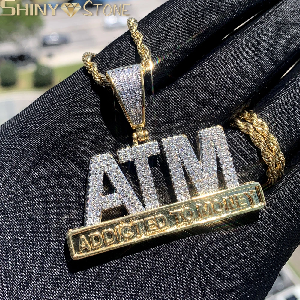 Iced Out Letters ATM Addicted To Money Pendant Necklaces Gothic Hip Hop Iced Out Bling CZ Punk Jewelry Women Men's Gifts