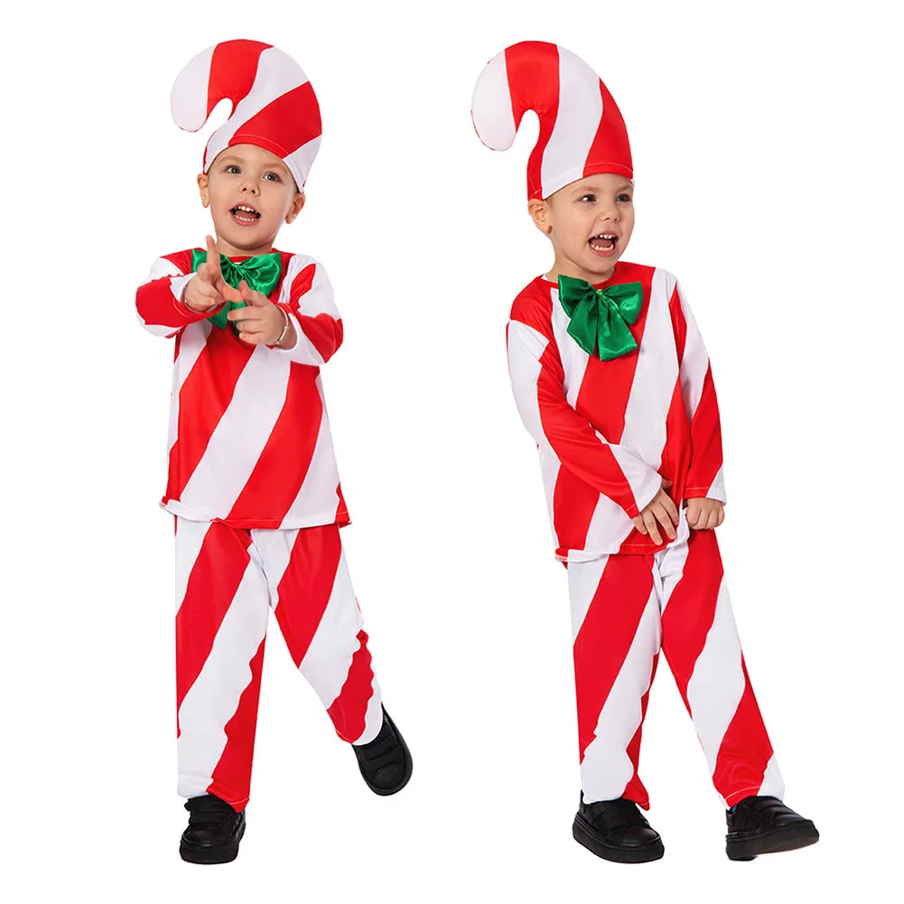 

Kids Children Candy Cane Cosplay Top Pants Hat Costume Christmas Roleplay Disguise Fantasia Outfits Halloween Carnival Suit