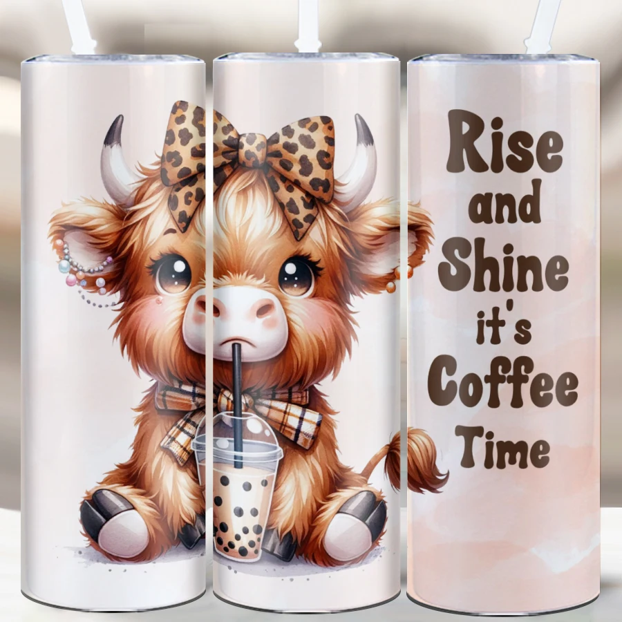 1Pc Travel Coffee Mug Straw Lid 20oz Stainless Steel Hot Cold Insulated Straight Water Bottle 3D Print Cow Christmas Tumblers