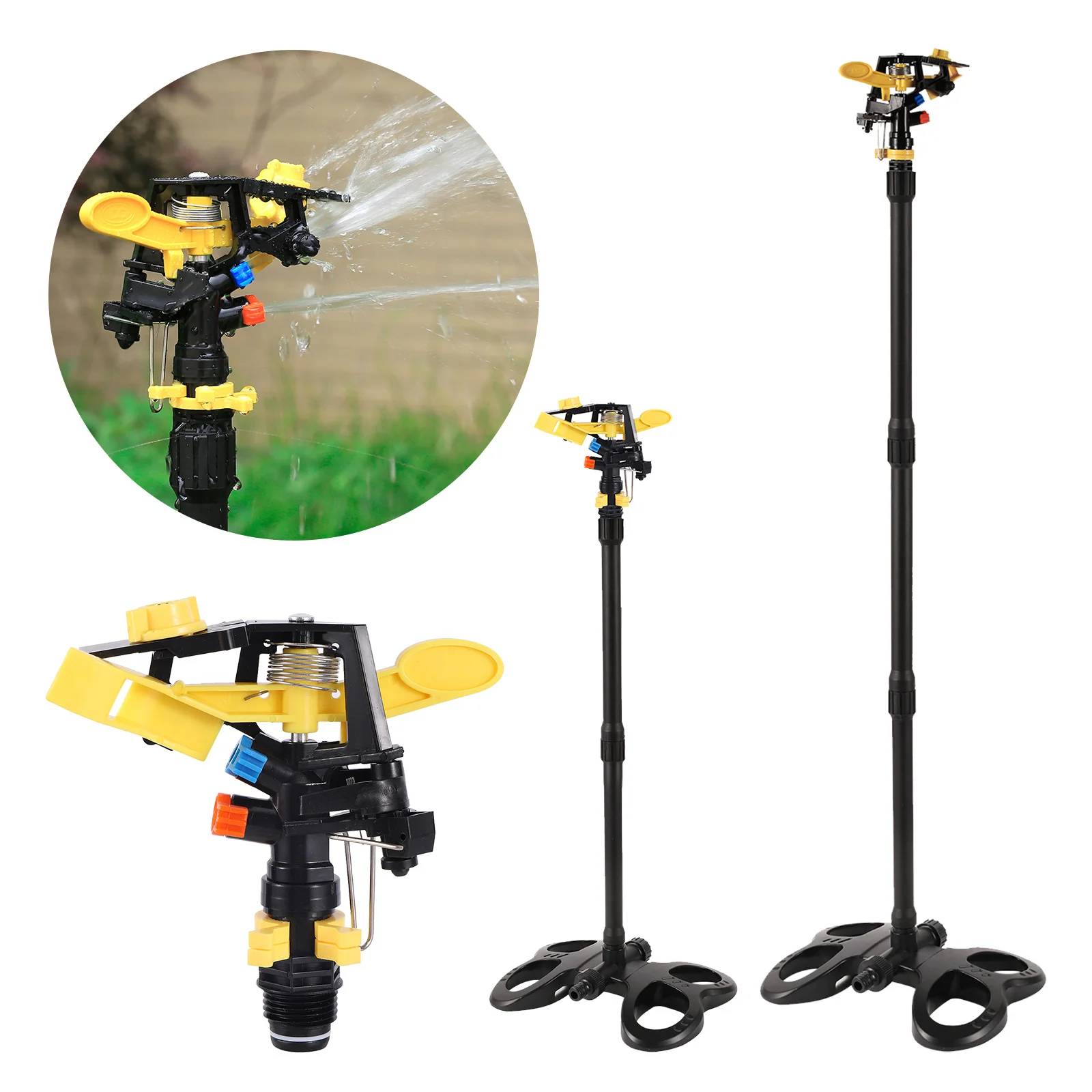

360 Degree Rotating Sprinklers Double Outlet 1/2" Male Thread Rocker Impact Nozzle Garden Watering Sprayer 2/3Pcs Extension Tube