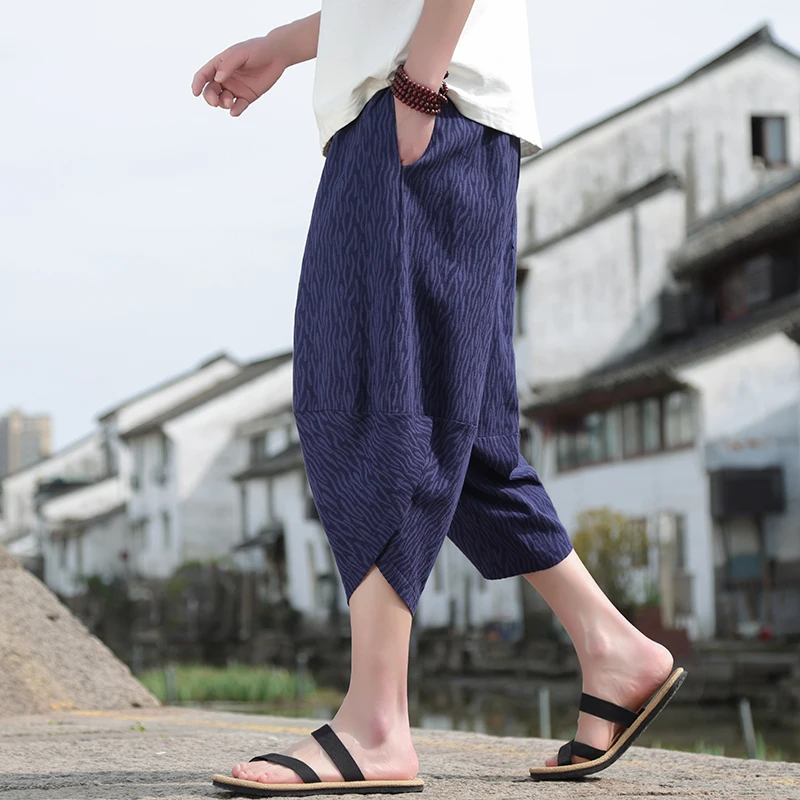 100% Cotton Summer Pants for Men Comfortable Thin Casual Cropped Pants Plus Size Loose Beach Wide Leg Pants