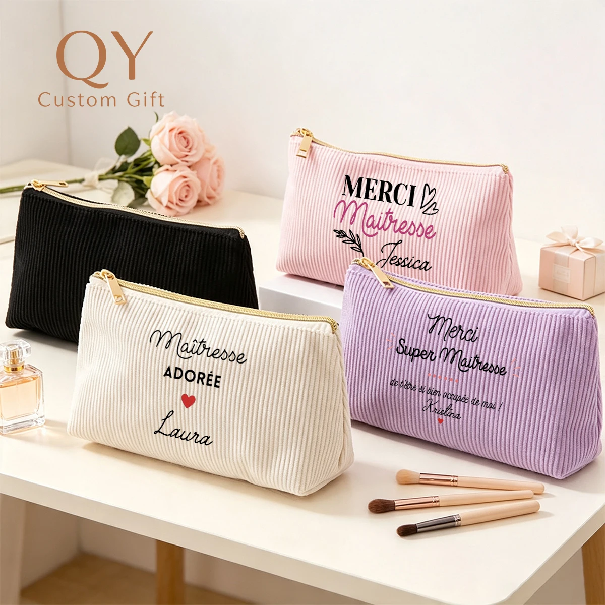 1PC Customized Women Gifts Name Corduroy Makeup Bag Student Pencil Case Travel Portable Toiletry Organizer Bag Coin Purse
