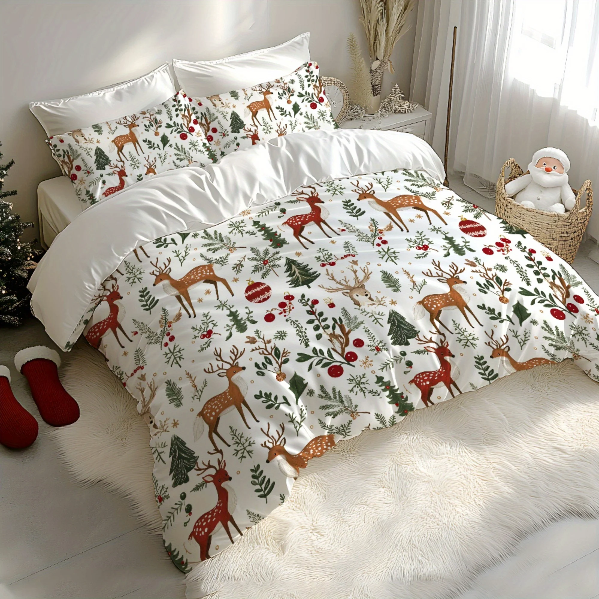 Christmas Tree Deer Print Duvet Cover Set Soft Digital Print Bedding Multiple Festive Bedroom Decor Machine Washable