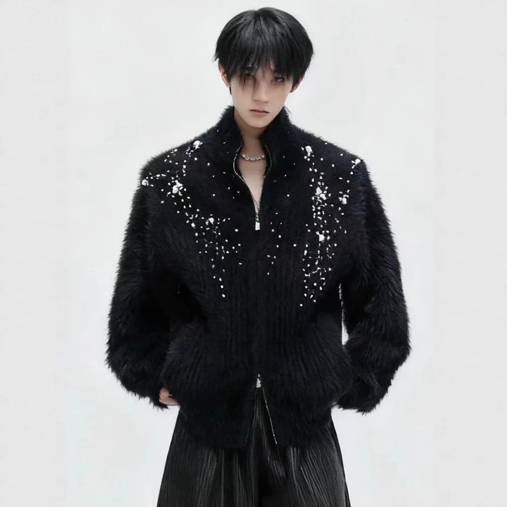 25S Thirteen Lines High-Quality Shadowy High-Neck Plush Pearl Embellished Sweater Cardigan Elegant Thick Knitted Sweater