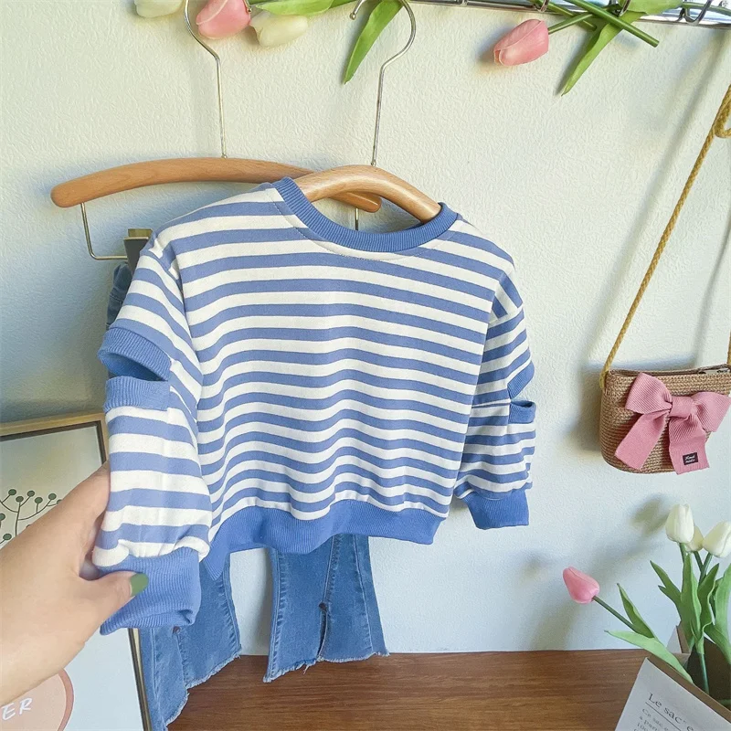 Girls Fashion Striped Set Kids Casual Sweatshirts Outfits Children Long Sleeves Clothing Suits Spring Fall Tops+Flared Jeans