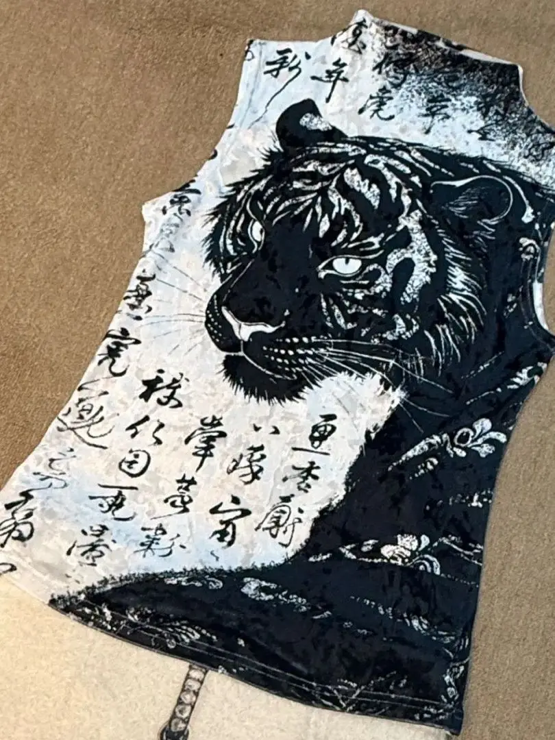 New Chinese Style National Trend Retro Ink Tiger Print Sleeveless Vest Women's Stand Collar Slim Elastic Velvet Unique Top