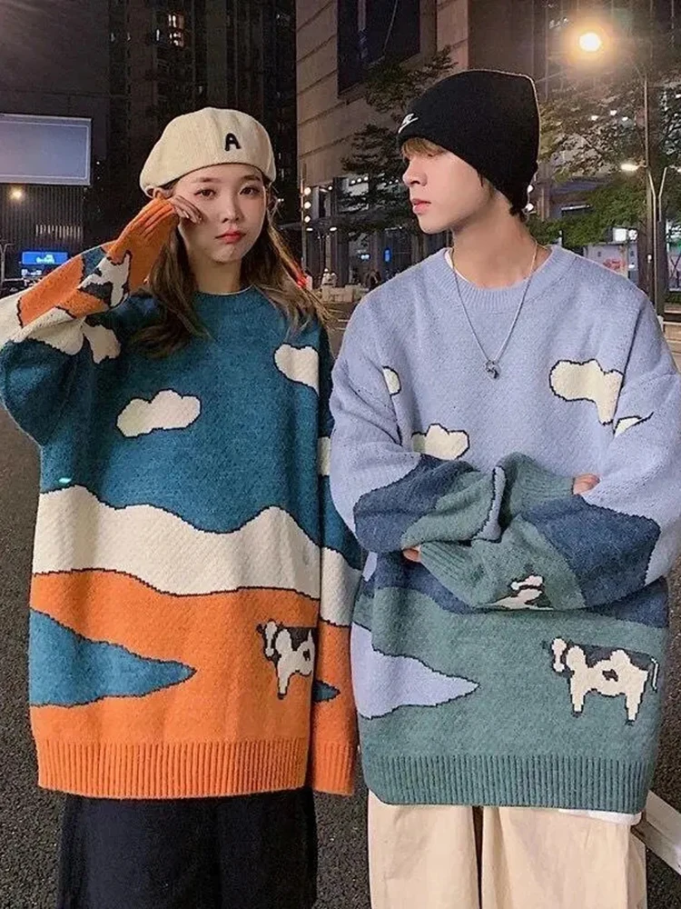 Cows Vintage Couple\'s Sweater Winter Women Casual Print Warm Daily Knitwear Coats Loose BF Pullover Harajuku Jumper New