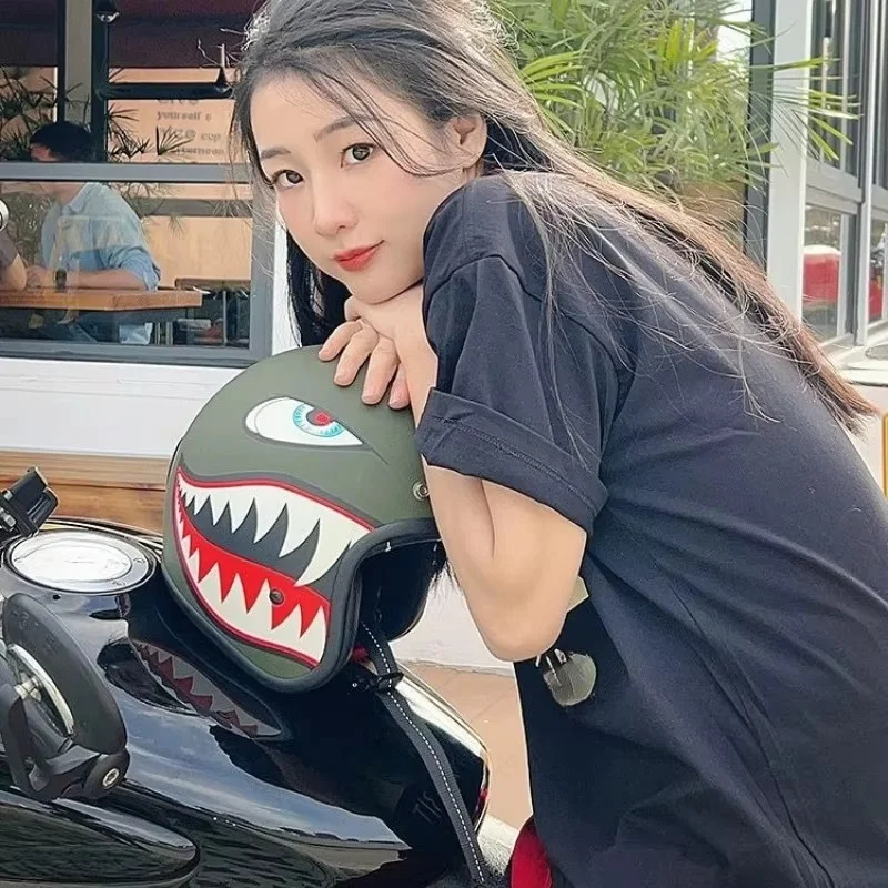 Army Green Shark Mouth Retro Semi-open Motorcycle Helmet Cross-country Motorcycle Accessories Motorcycle Helmet 3/4 Helmet