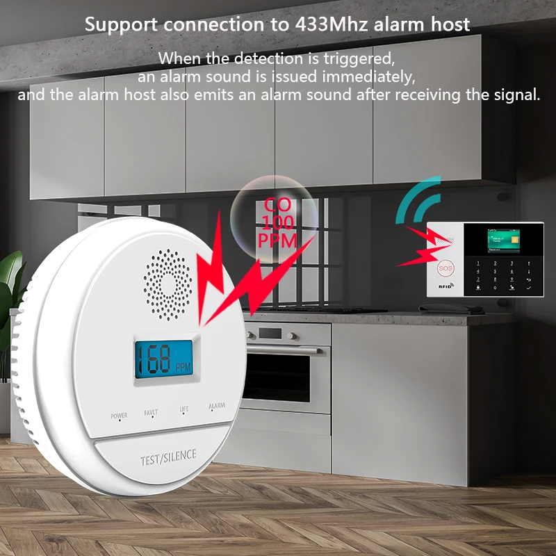 CO Sensor Wireless 433MHz LCD Work Alone Built In 85dB Siren Sound Independent Carbon Monoxide Poisoning Warning Alarm Detector