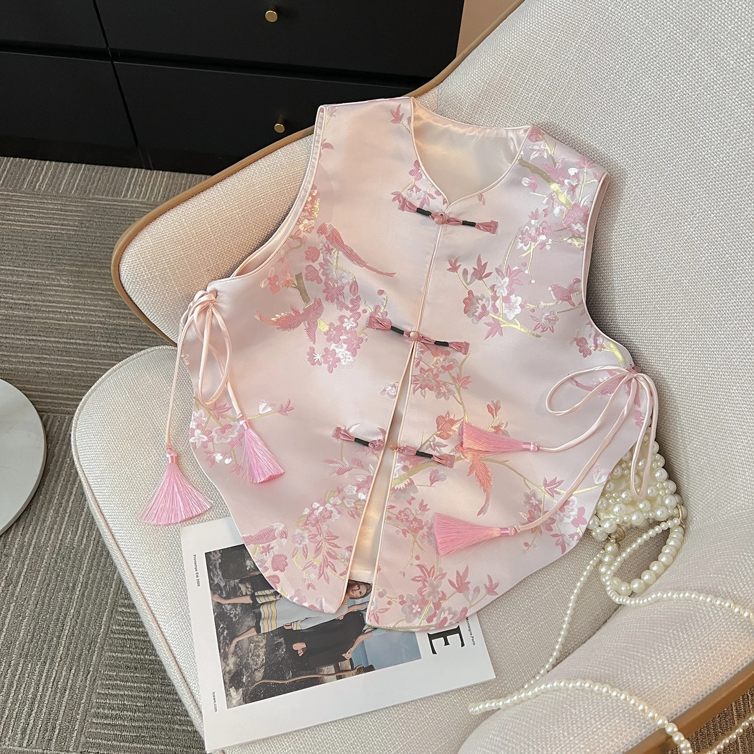 

Retro Chinese Sle Embroidered Vest Women's Improved Tang Suit Fringed Top National Trend Acetate oulder Pad Crop Top