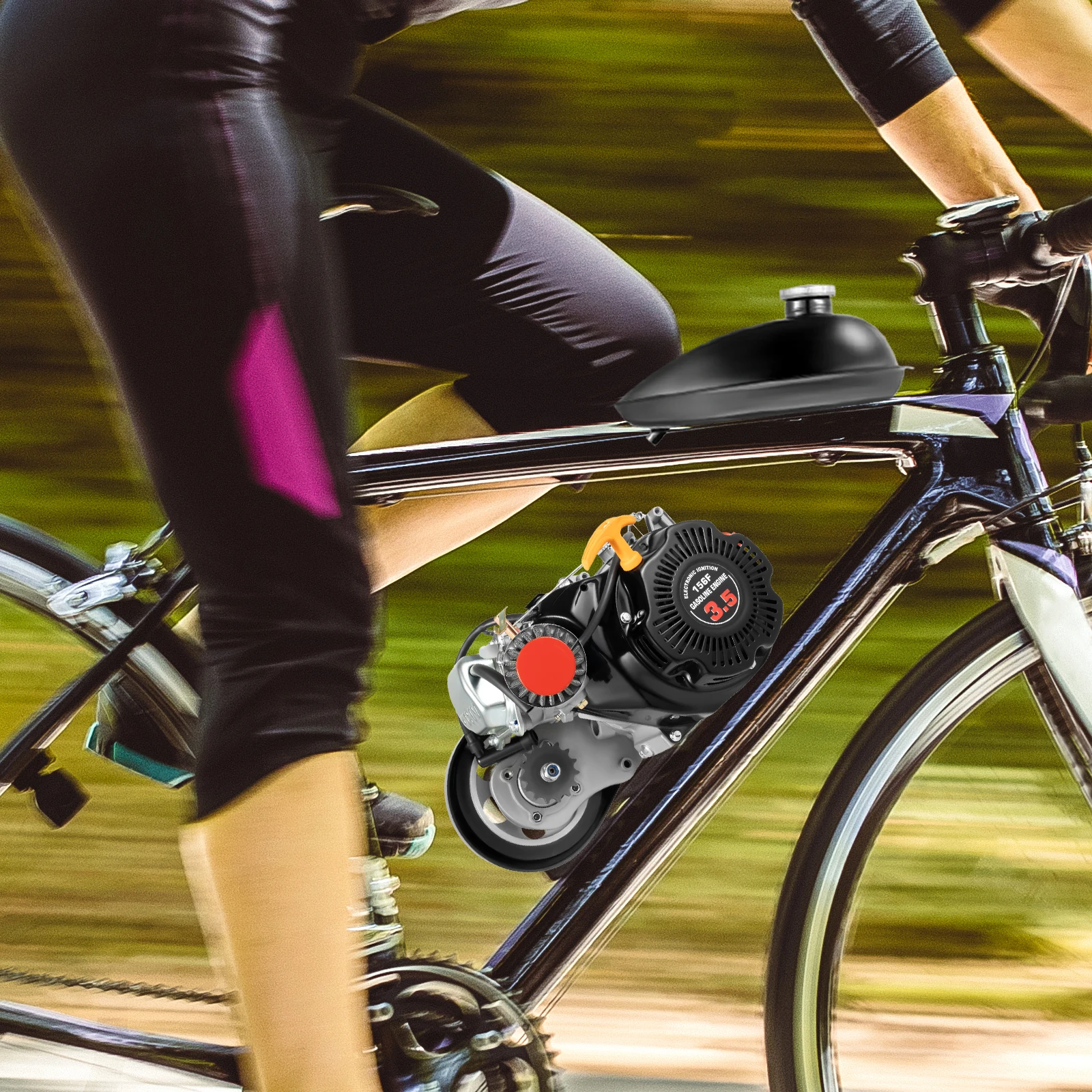 

Комплект 4-тактного бензинового двигателя объемом 100 куб.см (ременный привод) — одиночный цилиндр, с воздушным охлаждением, 44 зубца, надежный и мощный для горного/путешечного велосипеда