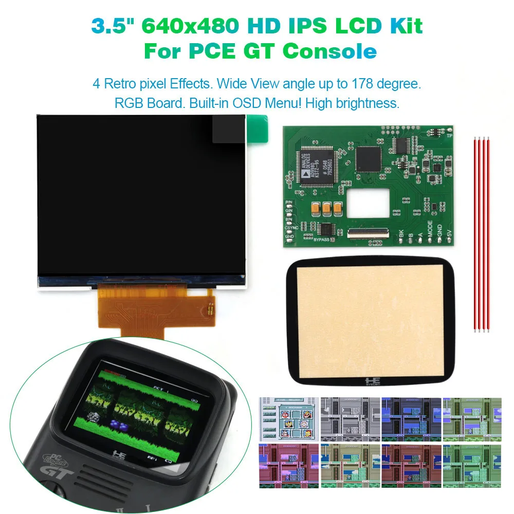 Hispeedido 3.5‘’ 640x480 High Brightness PCE GT HD IPS LCD Screen Board For PC Engine GT Console With OSD Menu RGBS Board