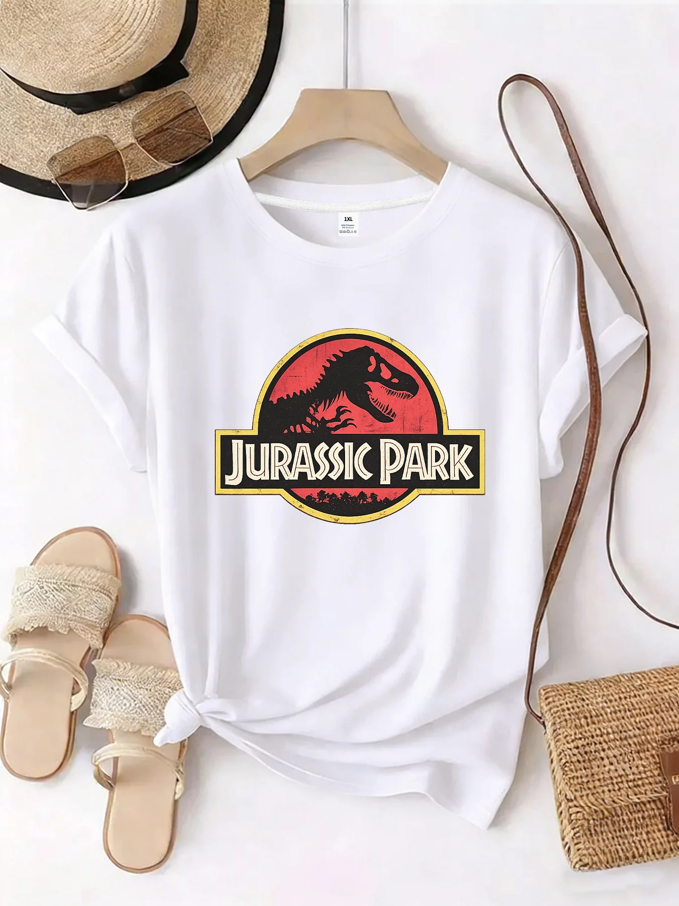 

【WZM101436】Dinosaur print plus size women's round neck summer casual short sleeved street fashion versatile plus size T-shirt